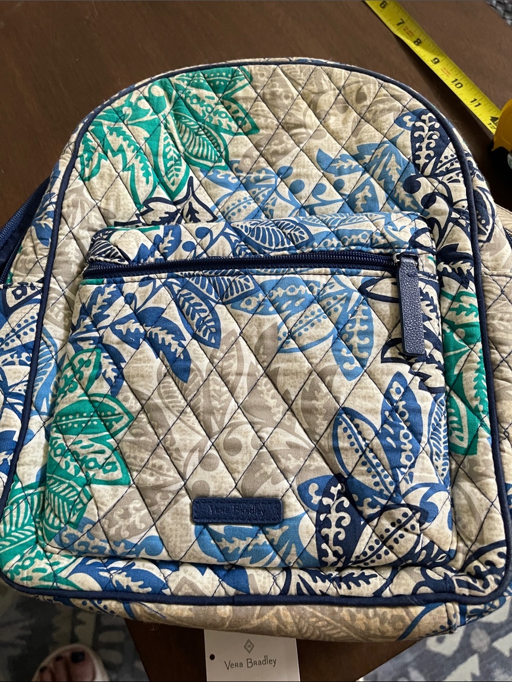 Vera Bradley Quilted Backpack in Blue, Teal, and Cream Floral Print